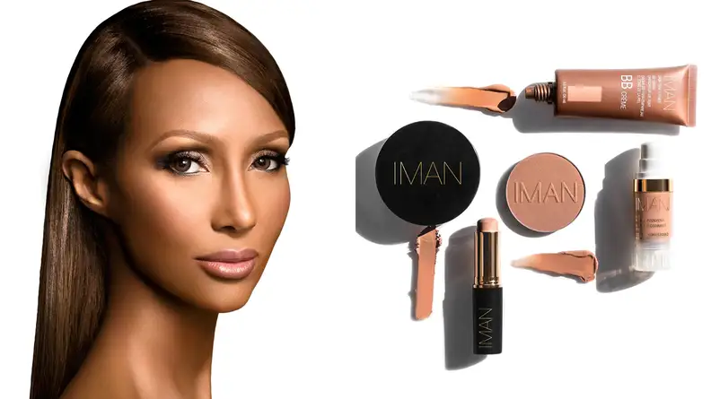 Iman looks at camera for Iman Cosmetics ad.