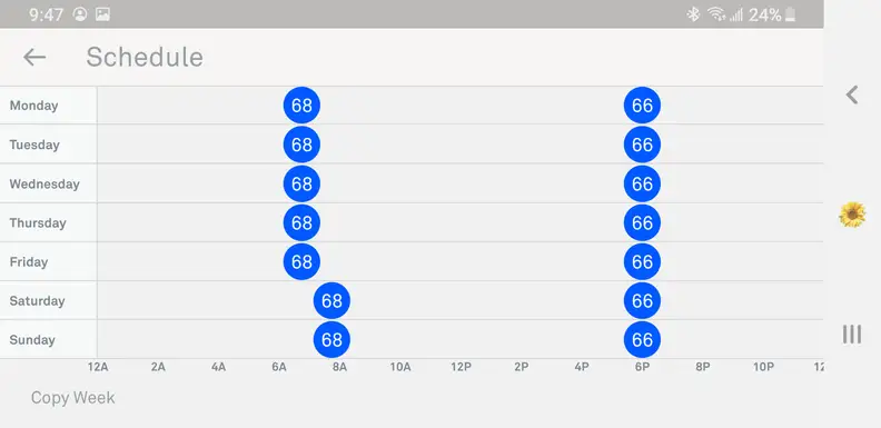 Screenshot of temperature scheduling screen