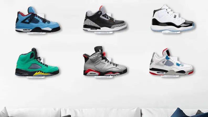 Sneaker mounted on floating wall shelves.