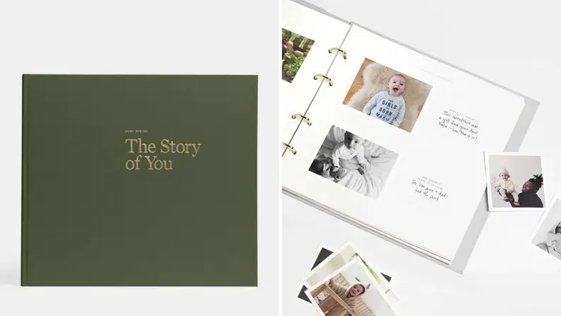 The front cover and interior of a baby book.