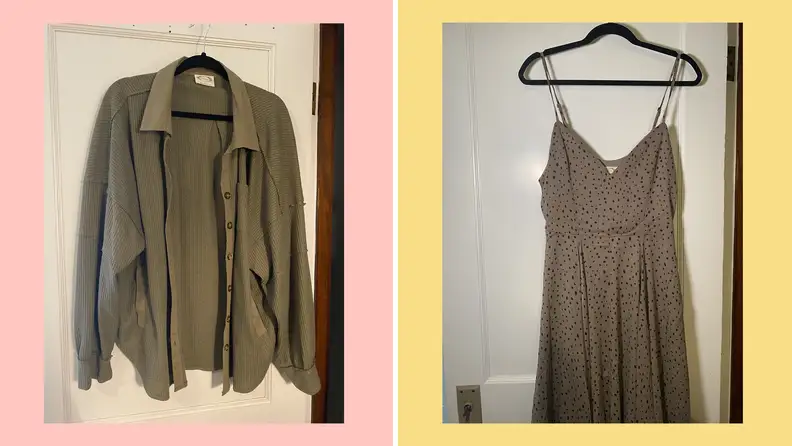 green top and patterned dress on pink and yellow background