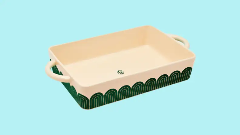 Casserole dish against cyan background