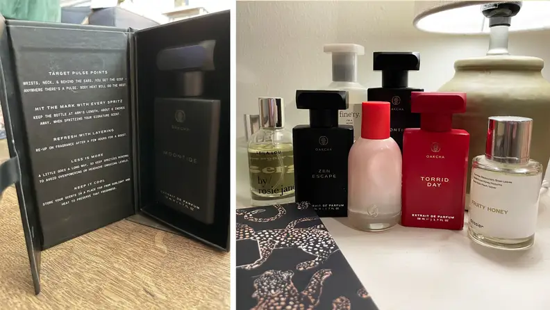 A photograph of perfume bottles on a white tabletop, and a photo of an opened perfume box with the bottle inside.