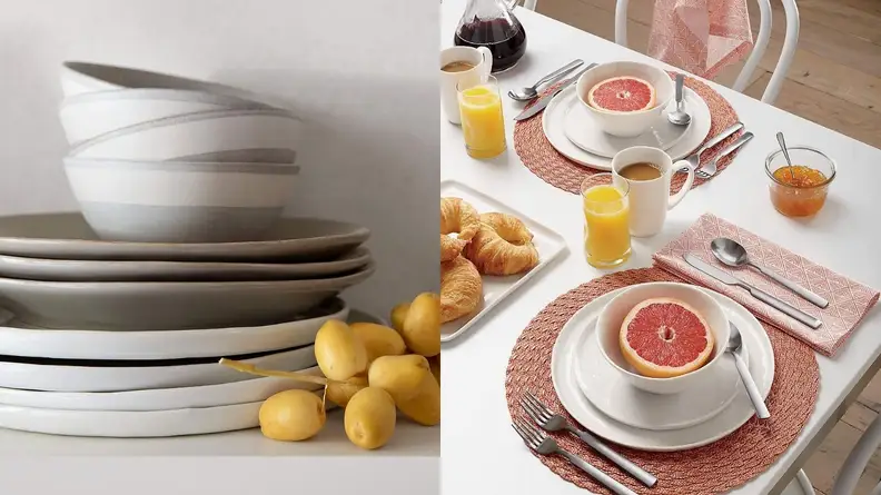 Mercer dinnerware stacked and at a pink place setting with grapefruit.