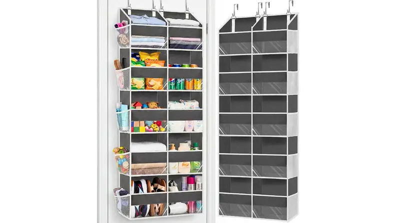 Gray over-the-door organizer with 10 compartments holding clothes, snacks, and toiletries