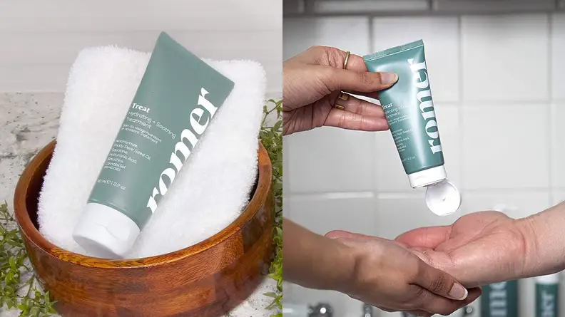 On the left: The blue squeeze tube bottle of Romer Hydrating + Soothing Whipped Treatment Mask sits on top of a towel inside a basket. On the right: A person squeezes the Romer Hydrating + Soothing Whipped Treatment Mask into another person's hand.