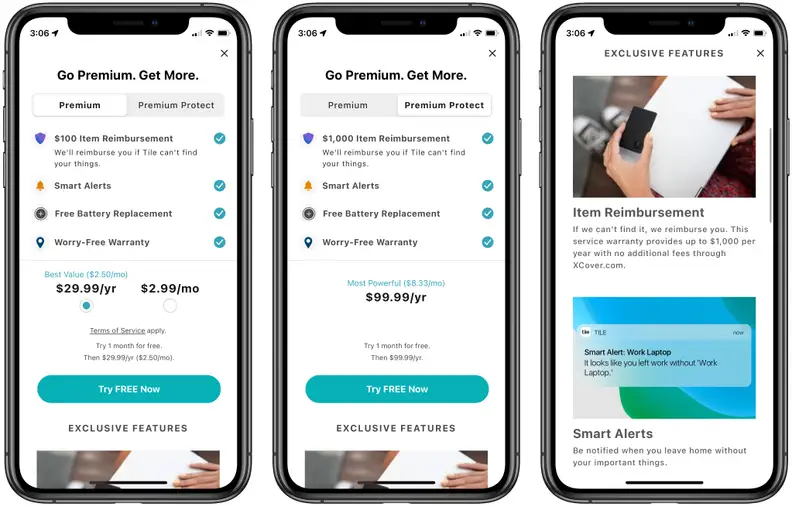 A mockup of three iOS screenshots, showing Tile's Premium Tiers and pricing.