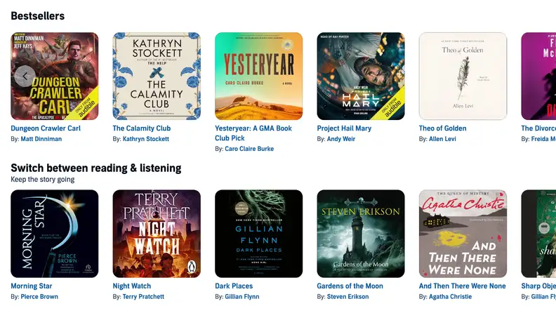 Grid view of current bestsellers on Audible, including Dungeon CRawler Carl, Project Hail Mary, and Night Watch by Sir Terry Pratchett