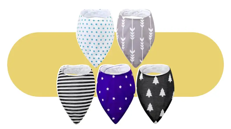 A collection of Janmercy bibs in various patterns on a colorful background.