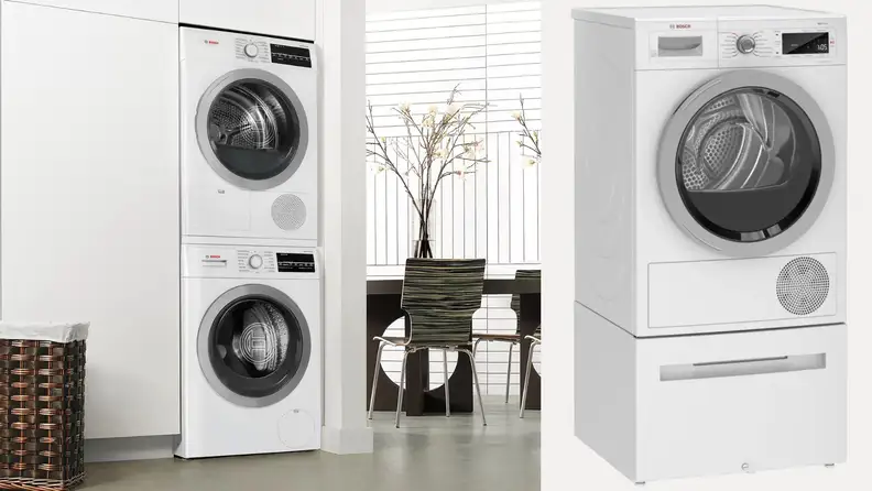 On right, stacked washer and dryer combo from Bosch in modern home. On left, single dryer from Bosch.