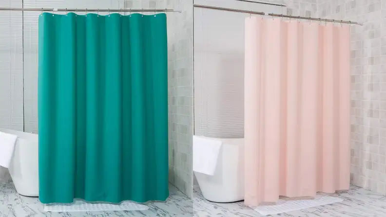One teal shower curtain and one pink shower curtain.