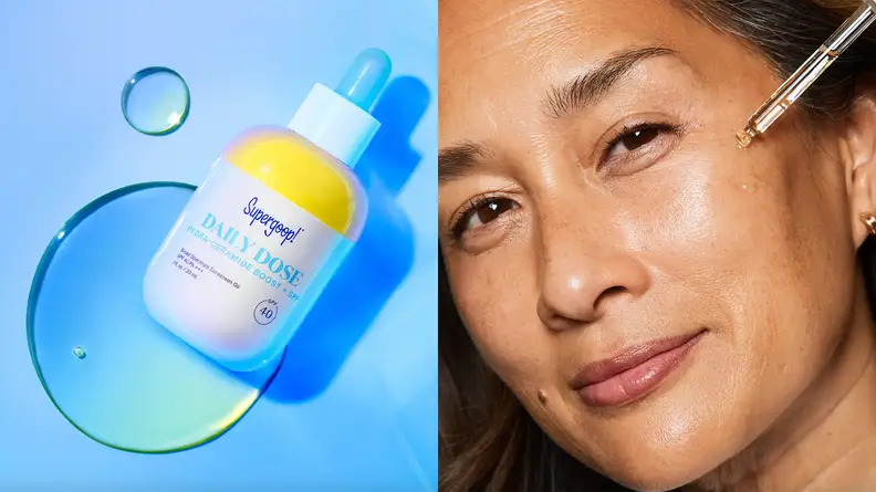 On the left: A round bottle of oil laying in a pool of liquid. On the right: A closeup on a person holding an oil dropper to their cheek.