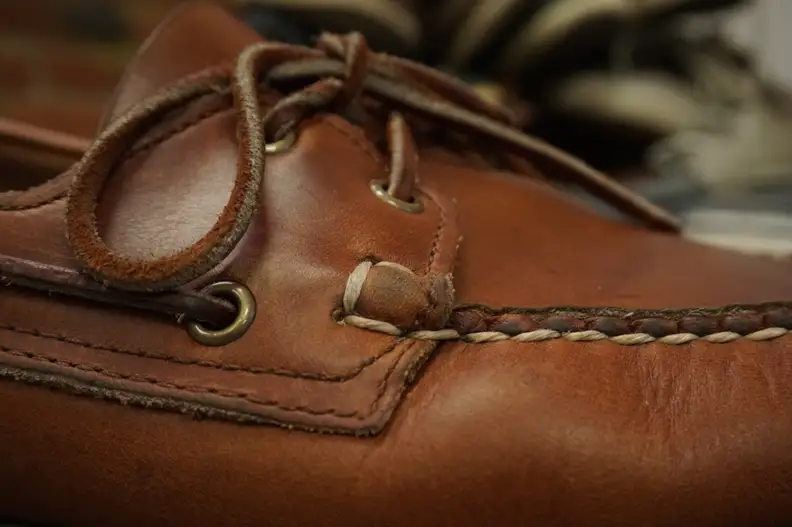 Close-up of a leather boat shoe