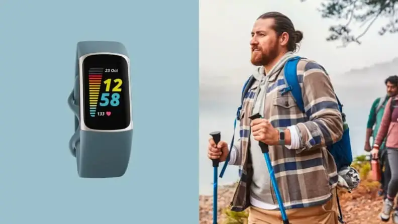Closeup of a Fitbit and an image of a person hiking.
