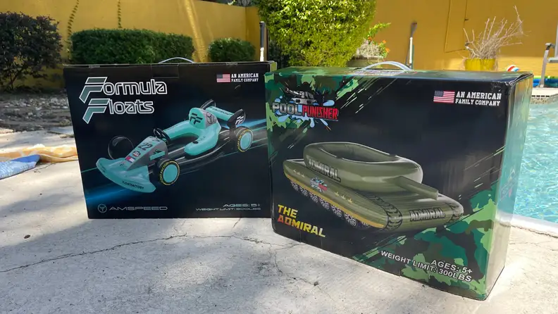 Two Float Factory inflatable boxes side by side on top of pool deck.