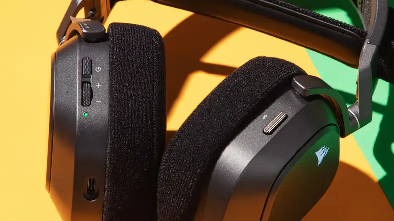 Close up on the earcups of a black gaming headset
