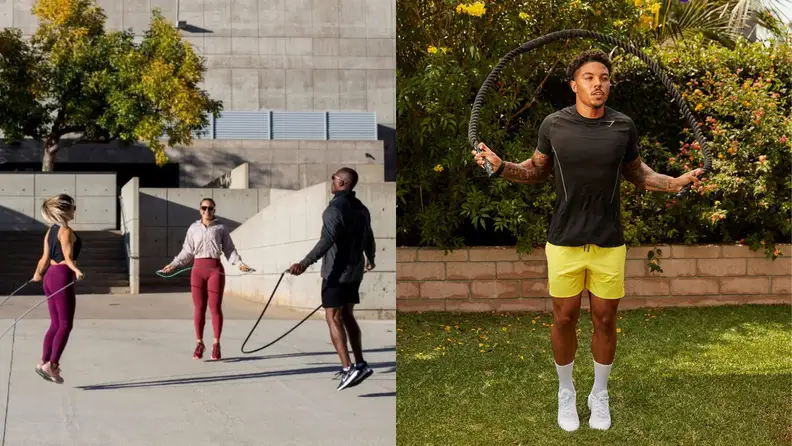 Right: People using crossrope weighed jump ropes. Left: man jumping rope with rhino rope.