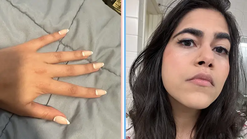 A hand with Glamnetic nails and a woman wearing Glamnetic eyelashes.