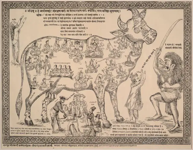 This image illustrates the Hindu belief that each portion of a cow is representative of a particular deity. [Image Credit: Wikimedia Commons, PD-Art, PD-1923]