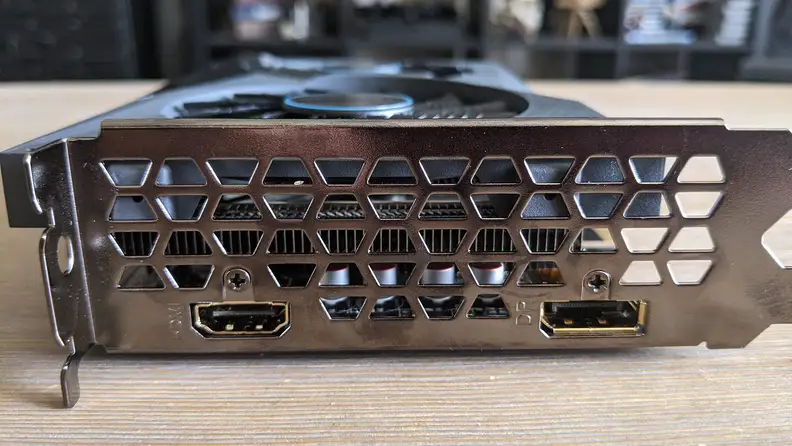 A side view of a desktop graphics card's display ports