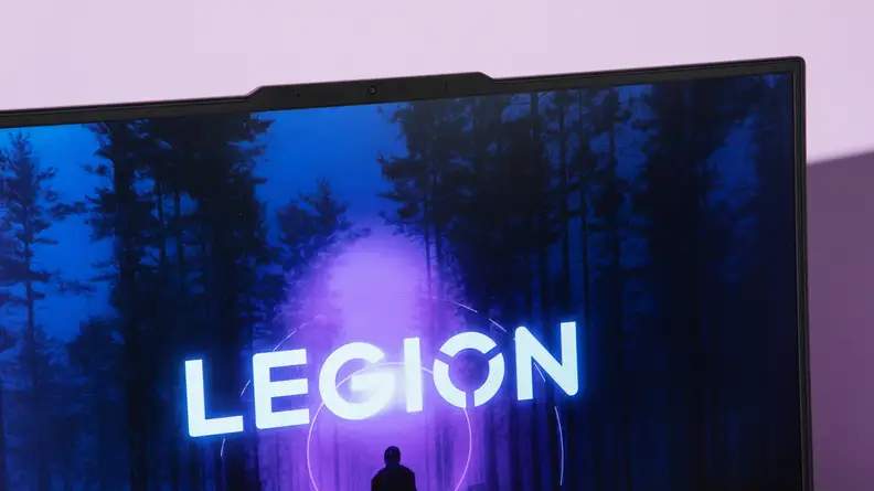 Close-up view of the screen resolution on the BLenovo Legion Pro 5i Gen 8 gaming laptop with the Legion logo on desktop screensaver.
