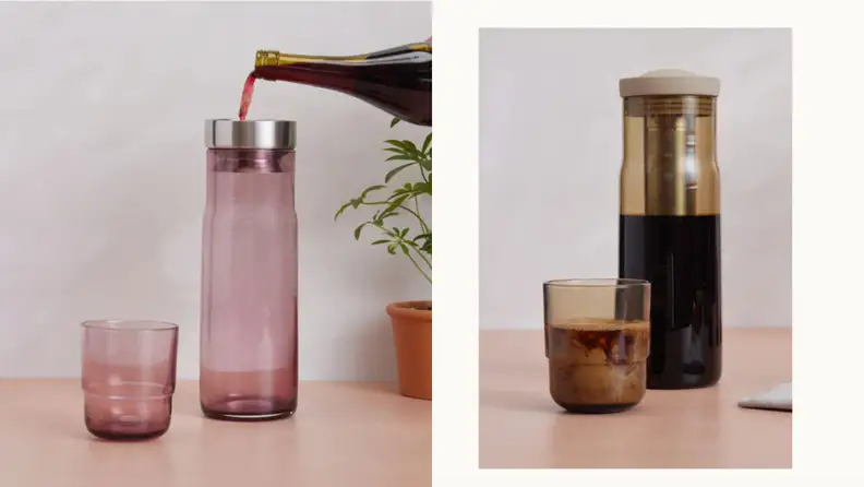On left, wine being poured into a carafe through an aerator. On right, cold brew steeping in the carafe, with a glass of iced coffee beside it.