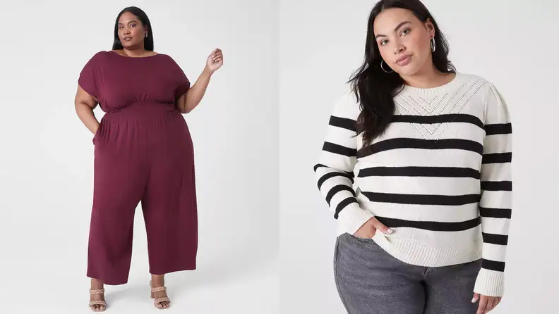 Two women wearing plus size clothes standing in front of a grey background