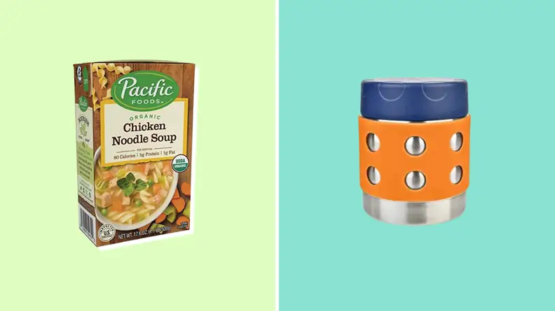 Boxed carton of Pacific foods Chicken Noodle Soup next to multi-colored resealable container.