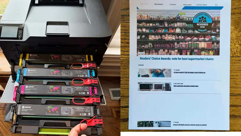 A two-up image shows a printer with CMYK print cartridges, next to a paper color printout