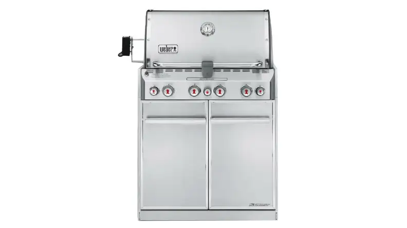 An image of an all grey grill with the cover on.