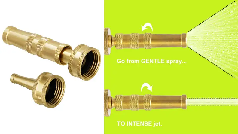 A composite image. The left half shows a set of brass twisting hose nozzles. The right half shows the difference in spray patterns: There's a wide, conical spray and a compact, linear stream.