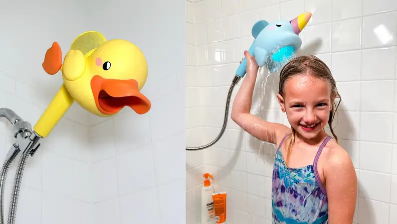 Split screen: On left, a rubber ducky-looking device fitted over a showerhead. On right, a child using a handheld showerhead with similar device.