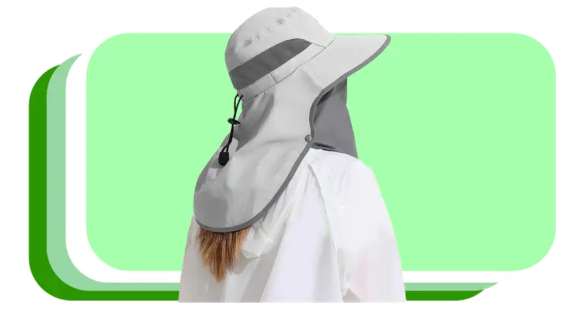 Person with white, wide brim white and gray sun hat with back turned to display long fabric in back.