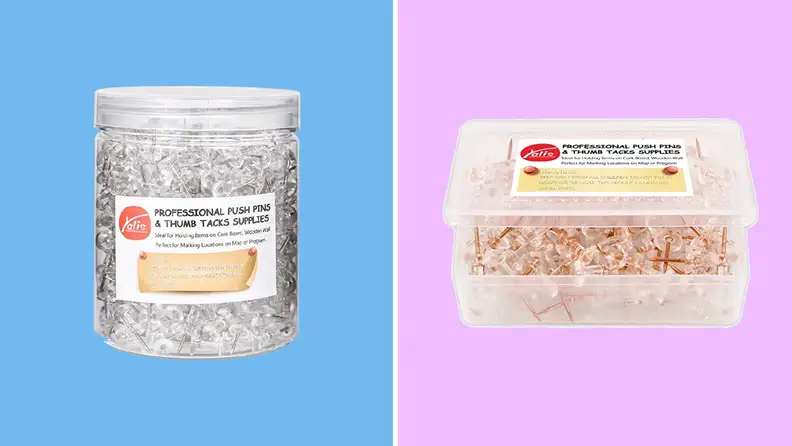 Two images of bulk packs of thumbtacks, one clear and one rose gold.