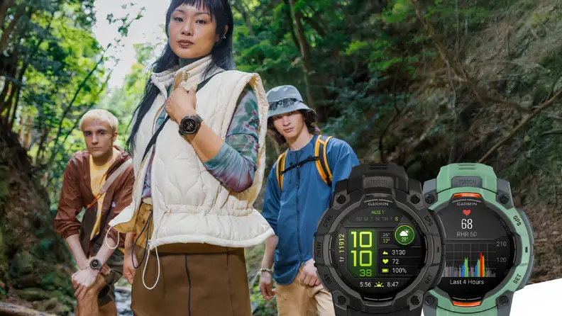 A group of hikers in a lush forest wearing Garmin smartwatches, with close-up overlays showcasing the watches' rugged designs and detailed health and activity tracking screens.