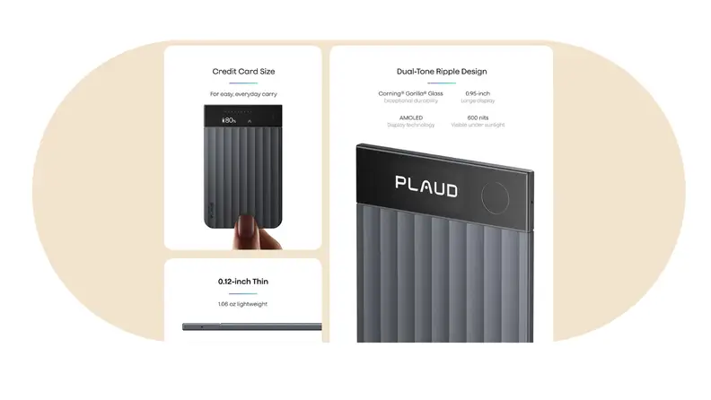 Plaud Note Pro AI voice recorder shown from the front and side, highlighting its credit card size, 0.12-inch thickness, and AMOLED display