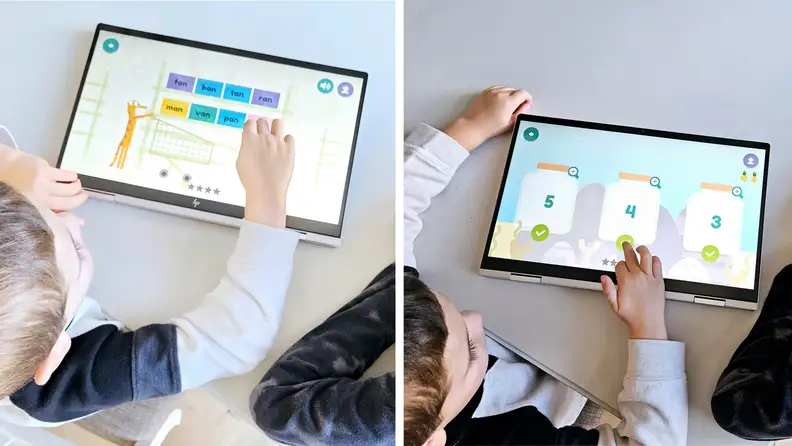Side-by-side shot of two children using Hooked on Phonics on a tablet.