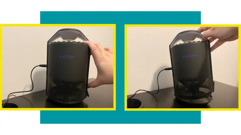 Person using hand to hold the Katchy Indoor Insect Trap upright.