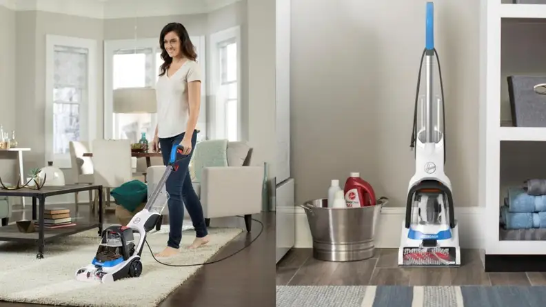 women vacuuming beige rug in living room.