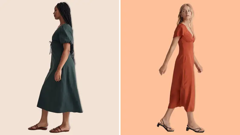 A woman wearing a grey dress and a woman wearing an orange dress on a grey and orange background.