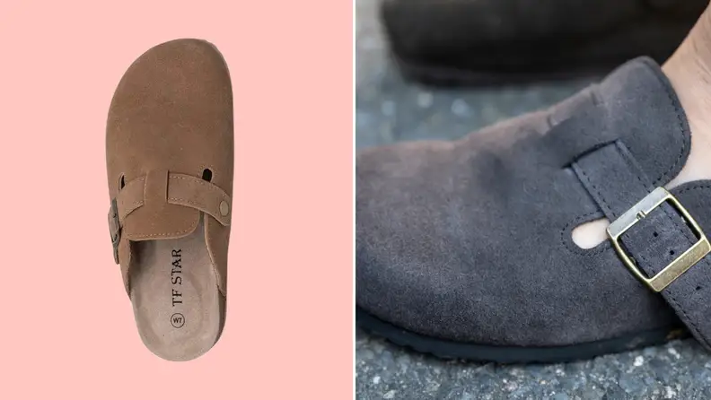 A clog and a close-up of the same shoe.