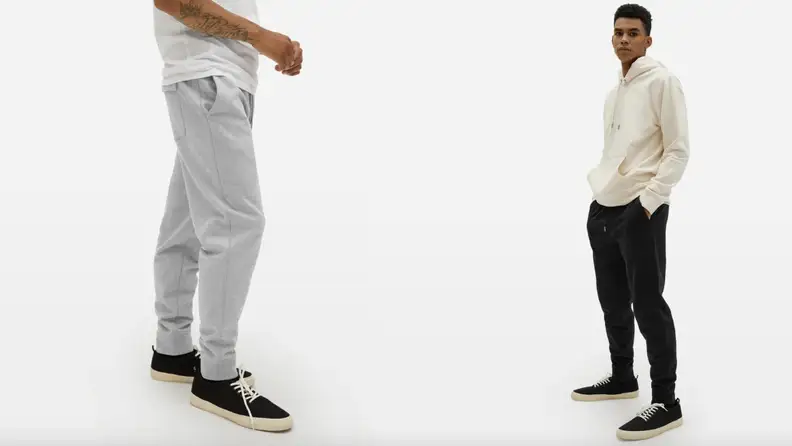 Photo of a man standing in gray sweatpants next to a photo of a man in black sweatpants and a white sweatshirt