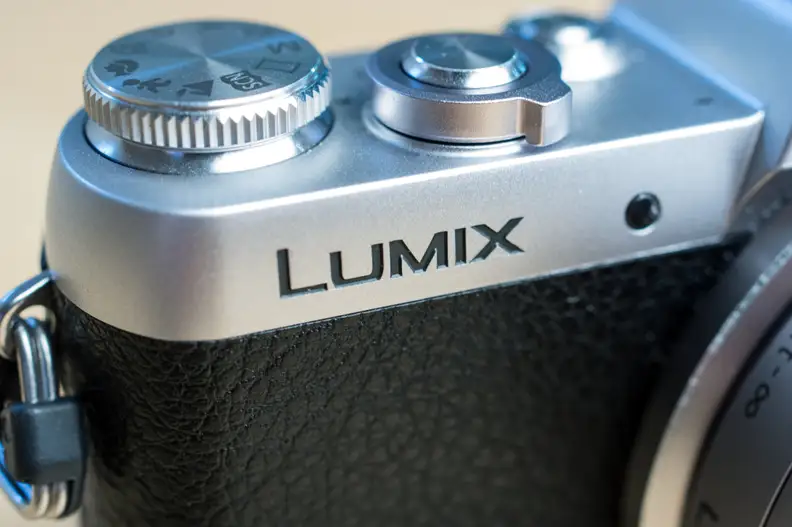 Lumix logo on the Panasonic Lumix DMC-GF7.