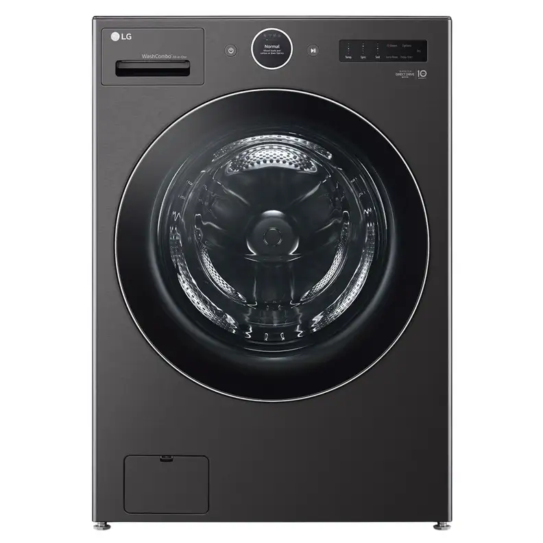 The front view of the LG WM6998HBA washer-dryer combo machine  in black steel.