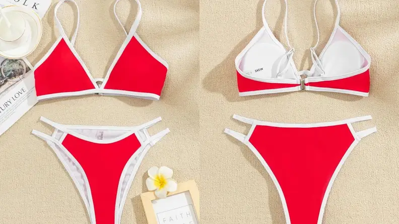 A white-edged red bikini, front and back