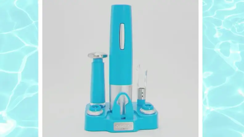 Blue Cuisinart wine opener on a blue background
