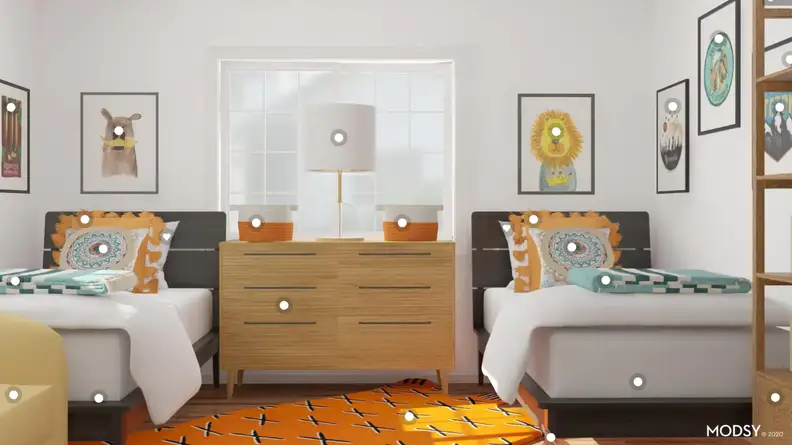 A 3D rendering of a kids room with twin beds