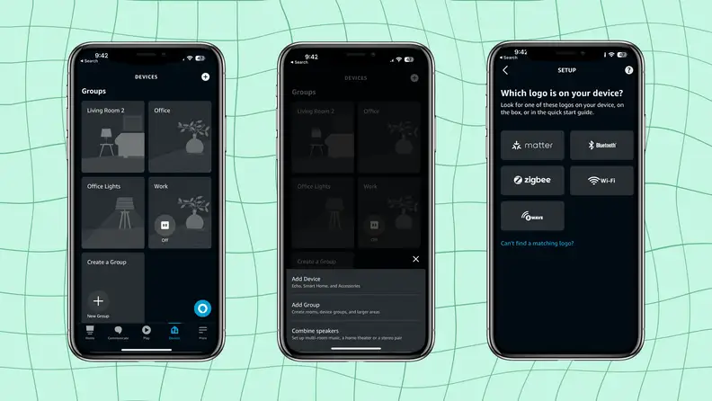 Three screenshots that show how to connect Matter devices in the Alexa app