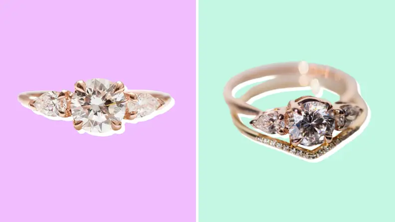 Collage of an engagement ring from Catbird shown from two different angles.