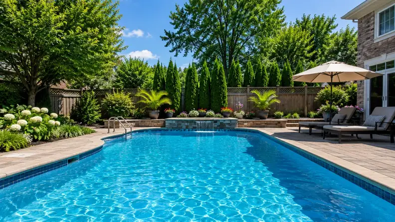 Sunny backyard pool with waterfall feature and lounge chairs